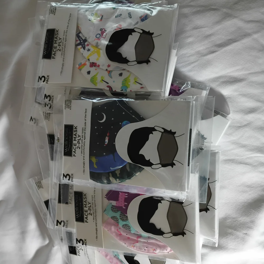 35 assorted packs of 3 Kids Face Masks - Blue, Pink, White, Black